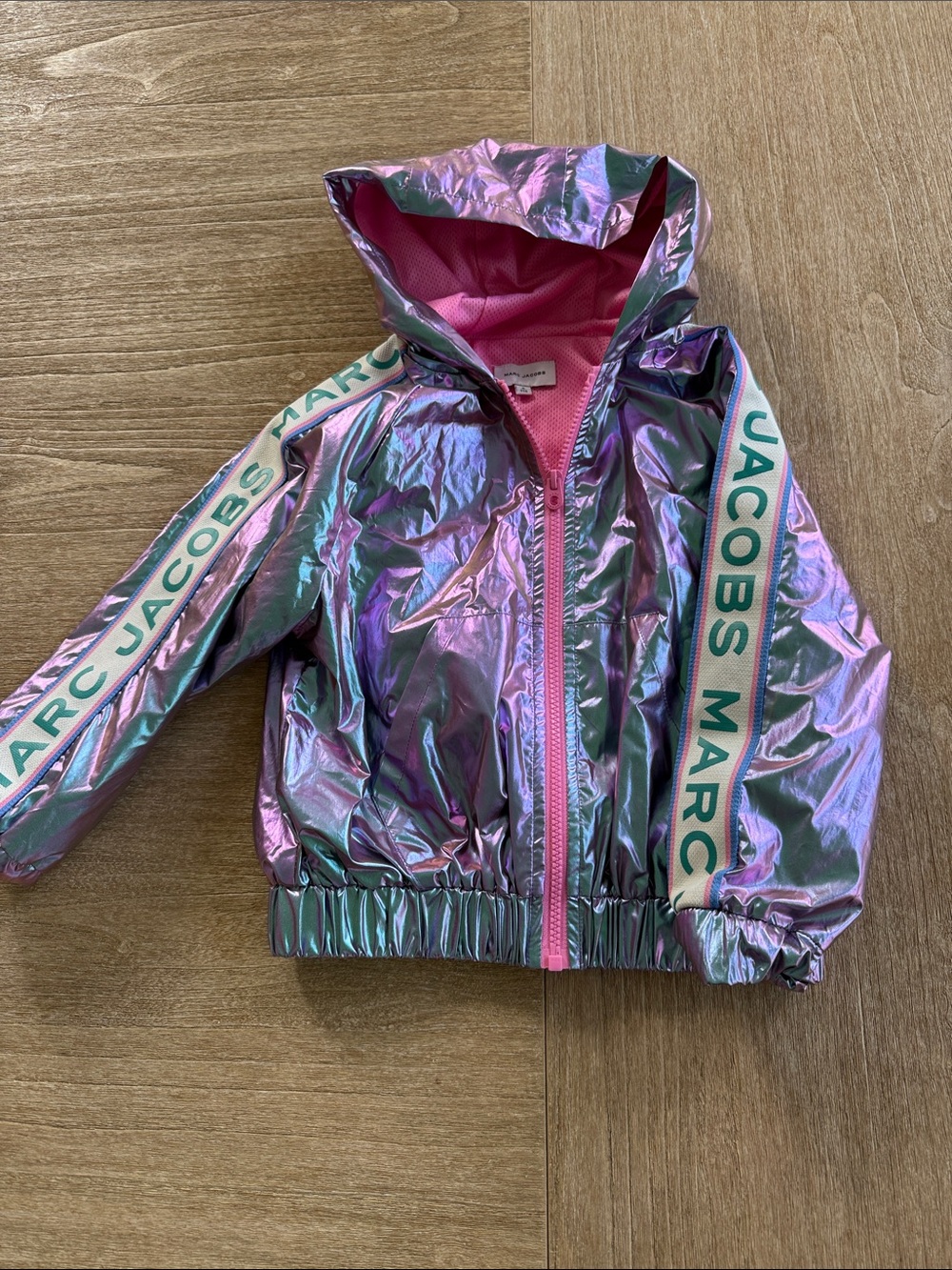 Marc Jacobs Iridescent Pink Hooded Rain Jacket with Logo Tape